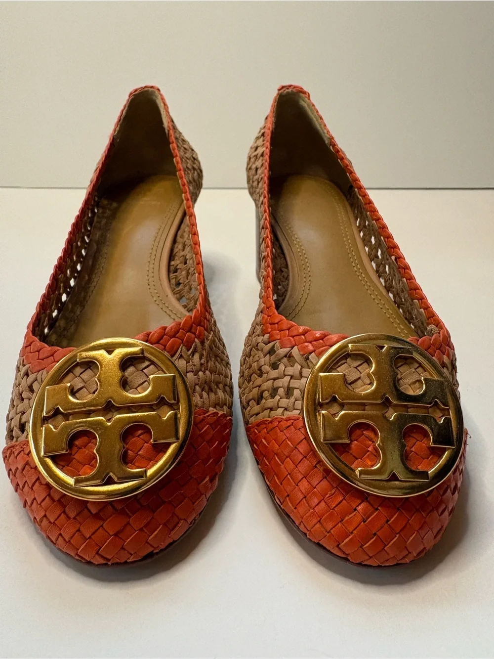 Tory Burch Chelsea Woven Orange and Tan Block Heel Pumps with Gold Logo